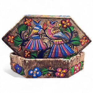 Vintage Hand Painted Cajas Taxco Boho Trinket Box Owl Decor Mexican Folk Art 7"